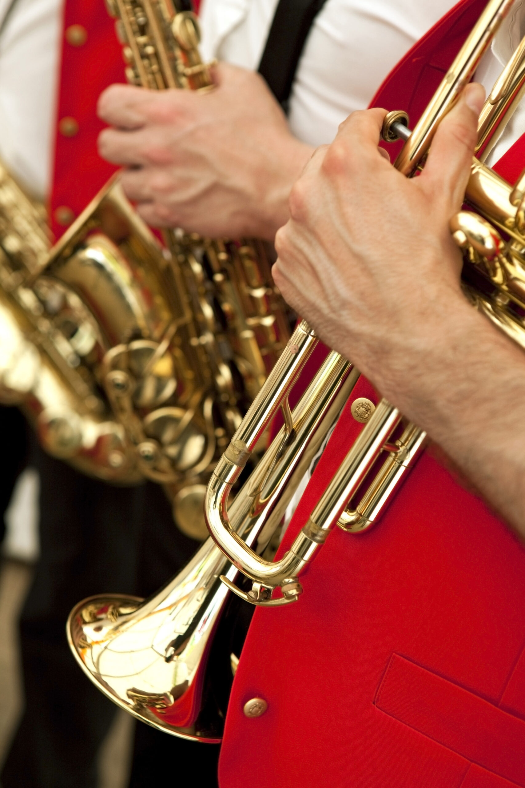 Two trumpeters playing in a marching band